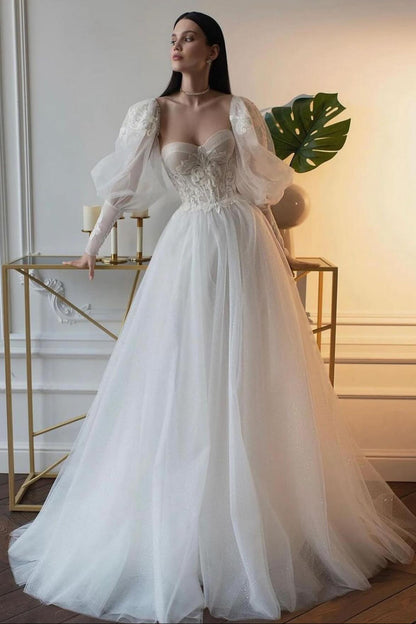 Puff Sleeve Sweetheart Corset Wedding Dress