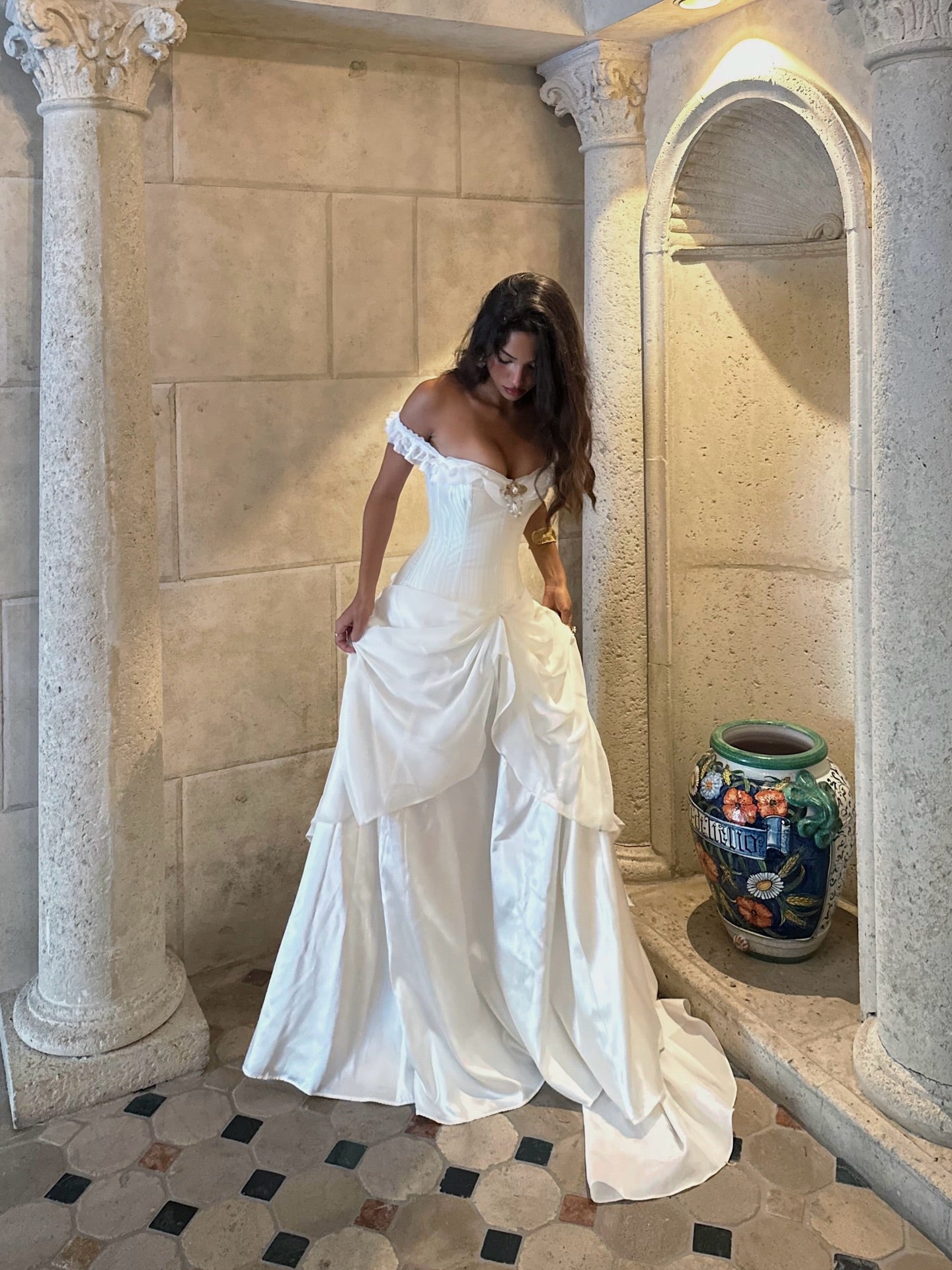 Off-the-Shoulder Corset Wedding Dress with Pick-Up Skirt