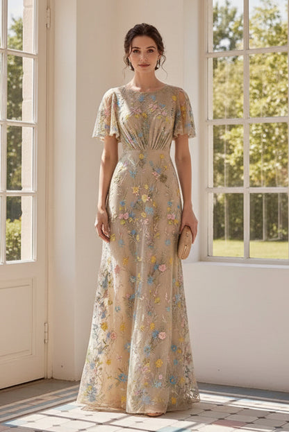 Flutter Sleeve Floral Embroidered Maxi Dress