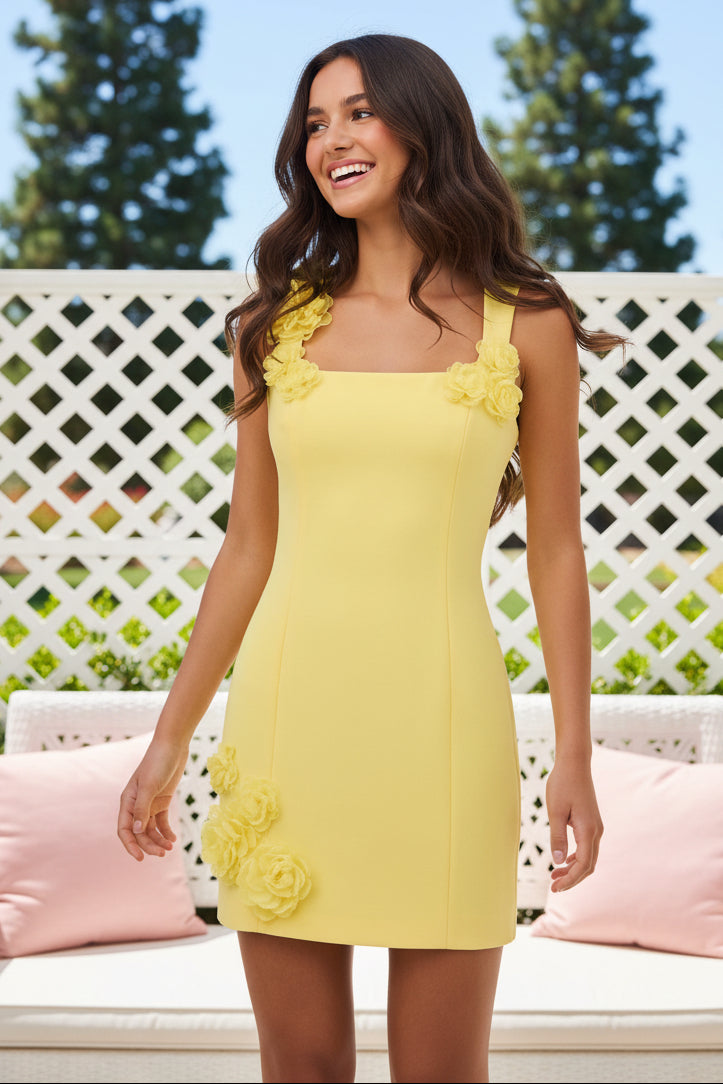 Square Neck Mini Dress with 3D Floral Appliques