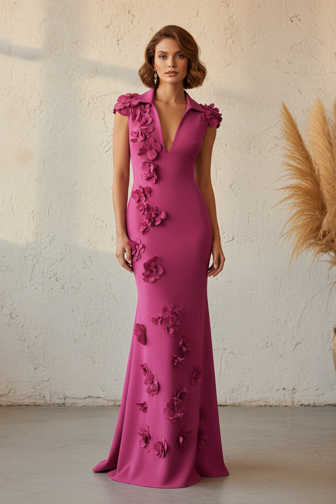 Collared V-Neck Mermaid Evening Gown with 3D Flowers