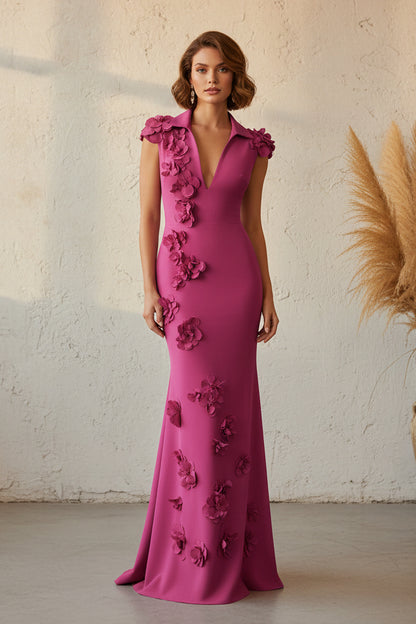 Collared V-Neck Mermaid Evening Gown with 3D Flowers
