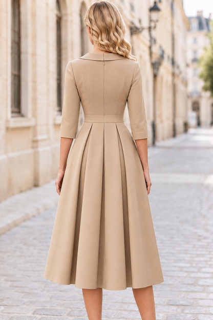Collared Pleated A-Line Midi Dress with 3/4 Sleeves