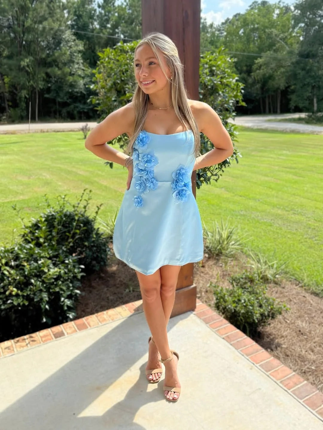 Strapless 3D Floral Applique Mini Dress