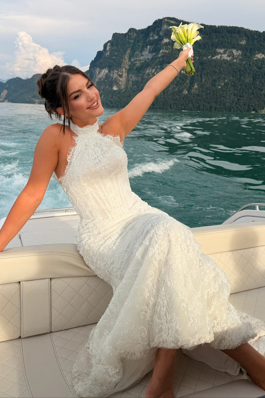 High Neck Open Back Lace Mermaid Wedding Dress