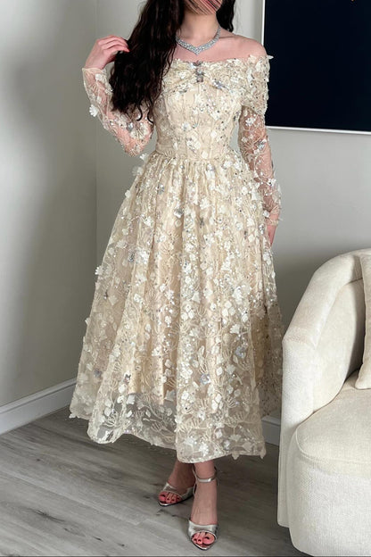 Off-the-Shoulder 3D Floral Lace Tea-Length Dress