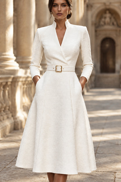 Belted A-Line Midi Dress with Stand Collar