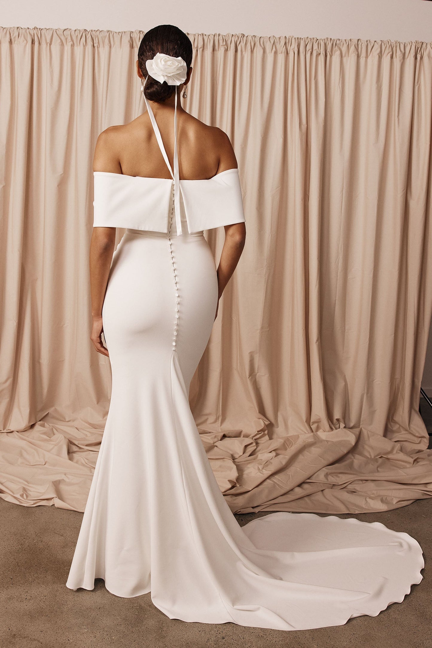 Off-the-Shoulder Ruched Crepe Mermaid Wedding Dress