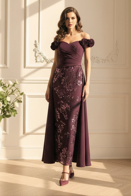 Off-the-Shoulder Floral Sequin Gown with Overskirt