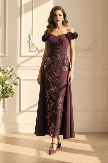 Off-the-Shoulder Floral Sequin Gown with Overskirt