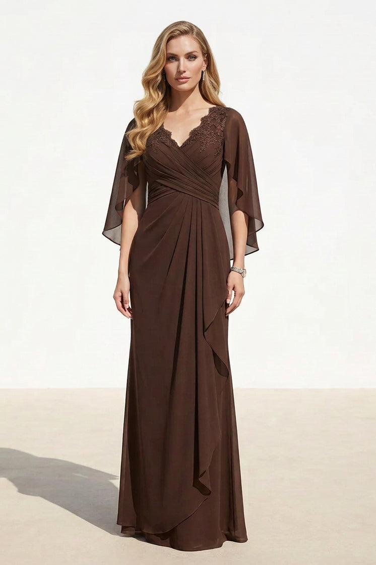 Ruched Chiffon Gown with Cape Sleeves