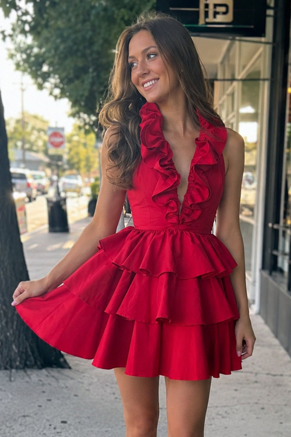 Ruffle Trim Tiered Mini Dress with Open Back