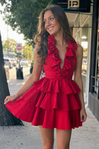 Ruffle Trim Tiered Mini Dress with Open Back
