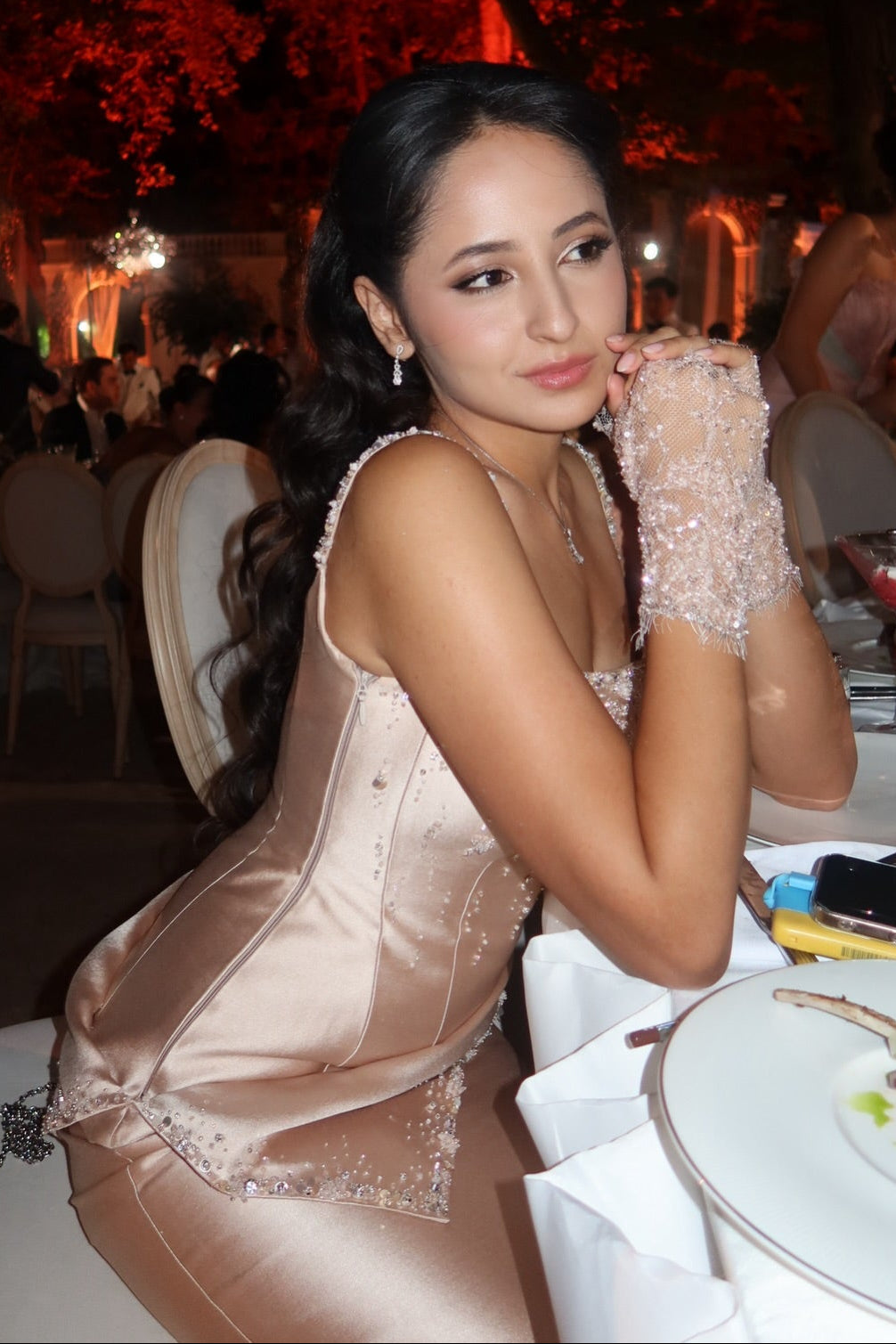 Beaded Corset Evening Gown with Asymmetrical Drape