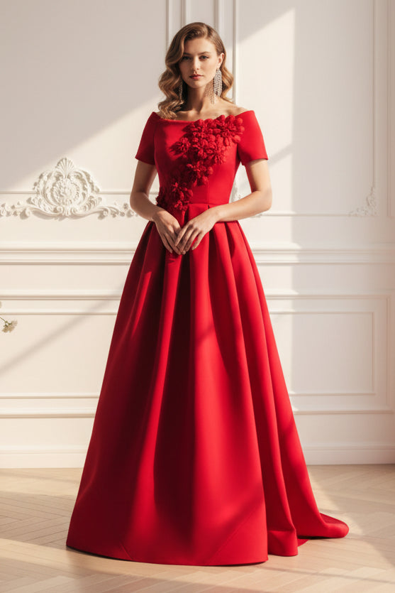 Off-the-Shoulder A-Line Gown with 3D Flowers