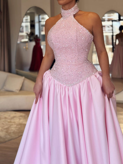 High Neck Beaded Corset Satin Ball Gown