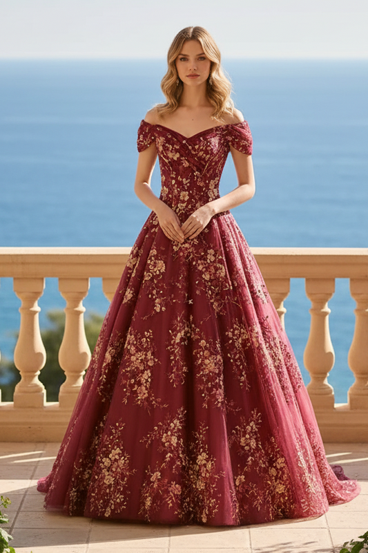 Off-the-Shoulder Floral Embroidered Ball Gown