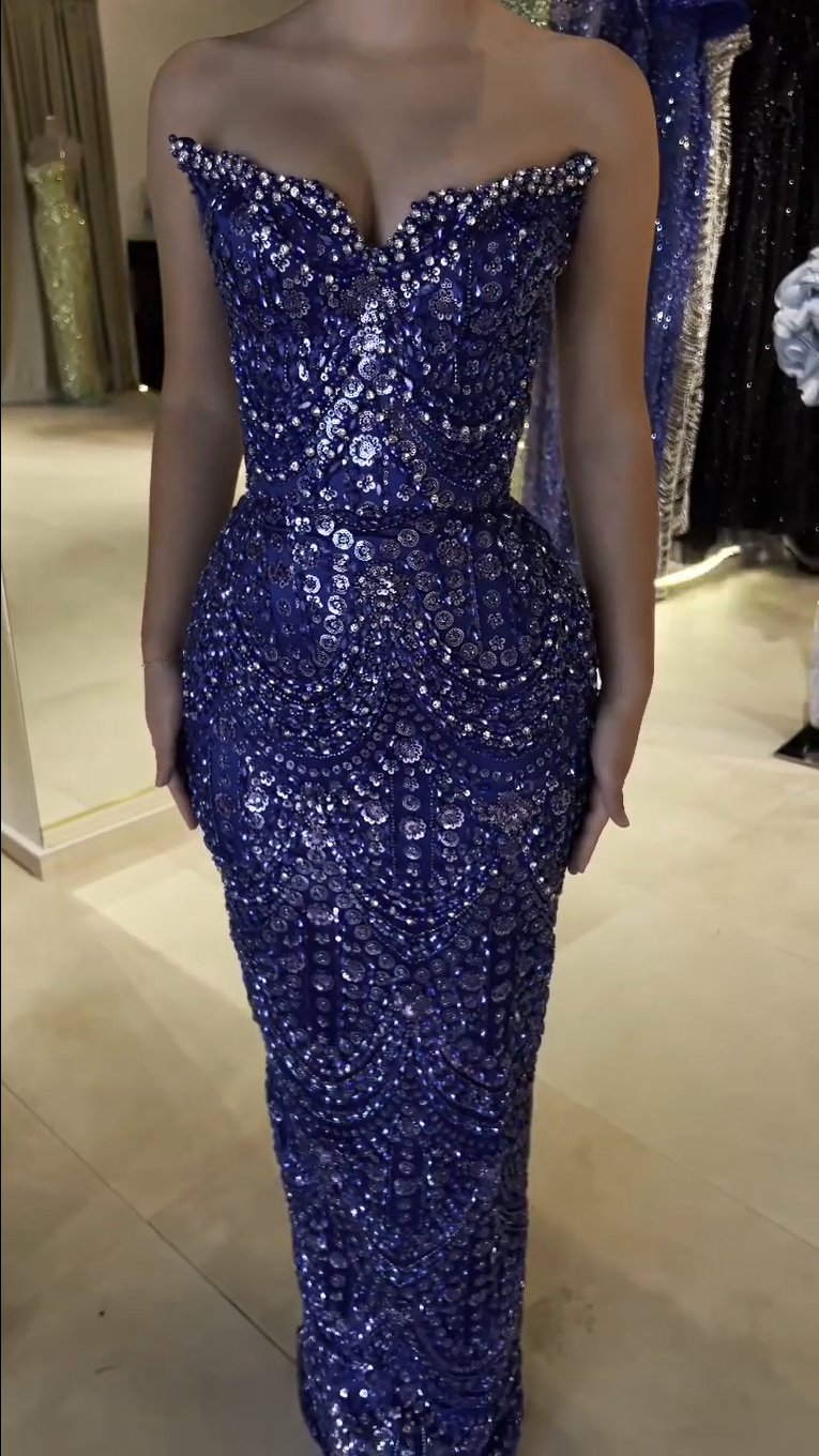 Strapless Beaded Sequin Corset Evening Gown