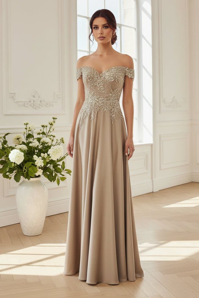 Off Shoulder Beaded Lace Applique A-Line Gown
