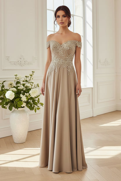 Off Shoulder Beaded Lace Applique A-Line Gown