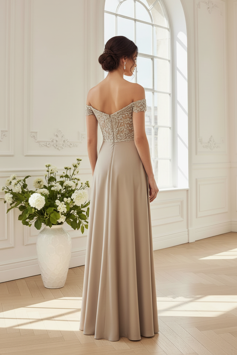 Off Shoulder Beaded Lace Applique A-Line Gown