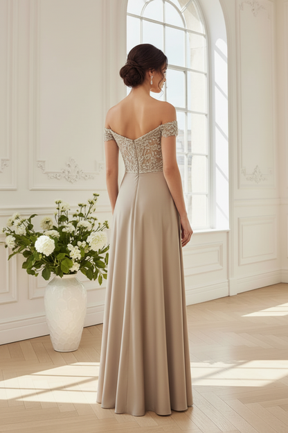 Off Shoulder Beaded Lace Applique A-Line Gown