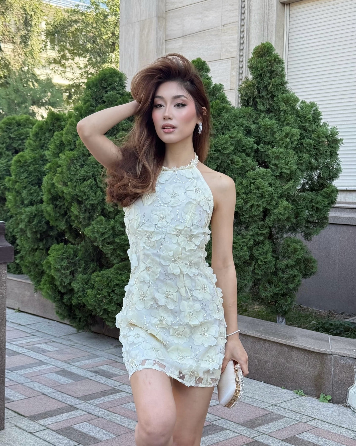 3D Floral Applique Halter Mini Dress