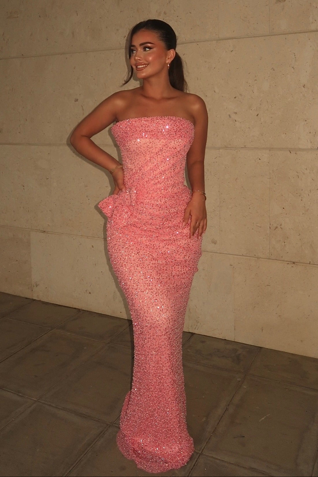 Strapless Beaded Column Gown with Waist Accent