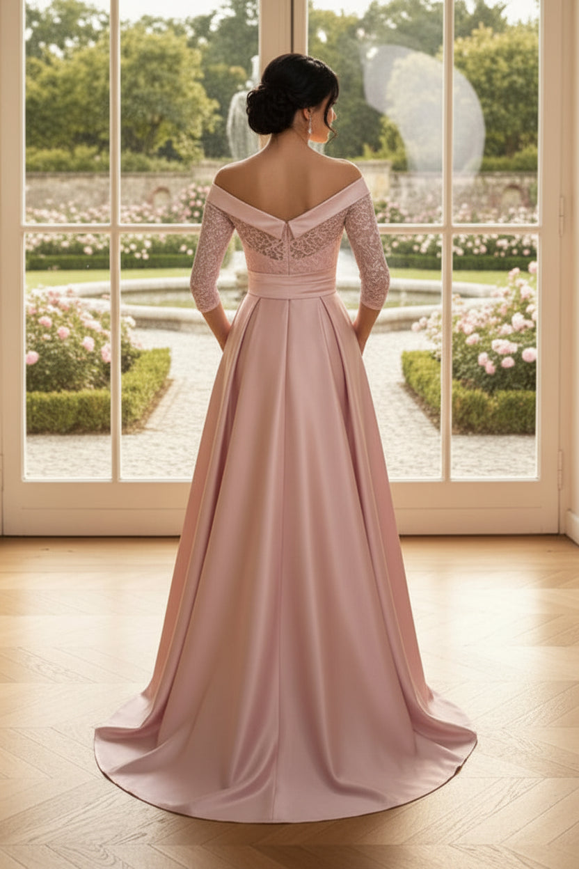 Lace and Satin A-Line Evening Gown with Pockets