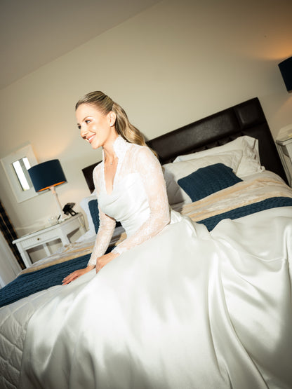 Long Sleeve Lace and Satin A-Line Bridal Gown