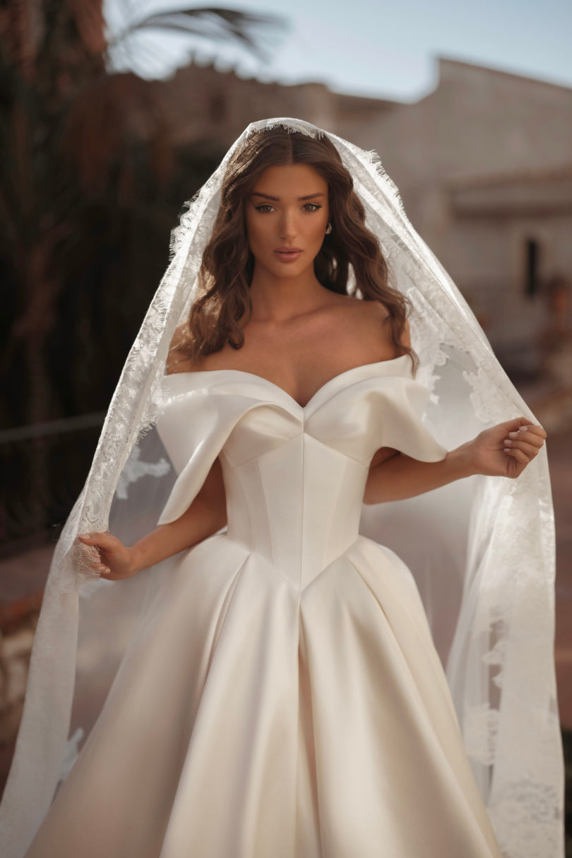 Off-the-Shoulder Satin Ball Gown Wedding Dress