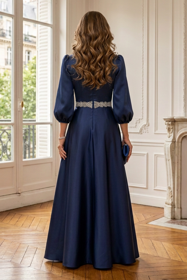 A-Line Gown with Puffed Sleeves & Embellished Waist
