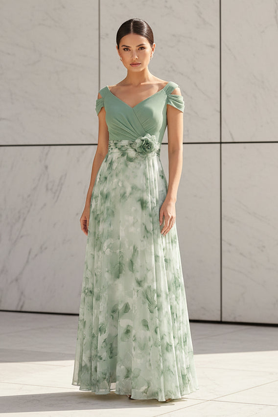 Off-the-Shoulder Floral Chiffon Evening Gown