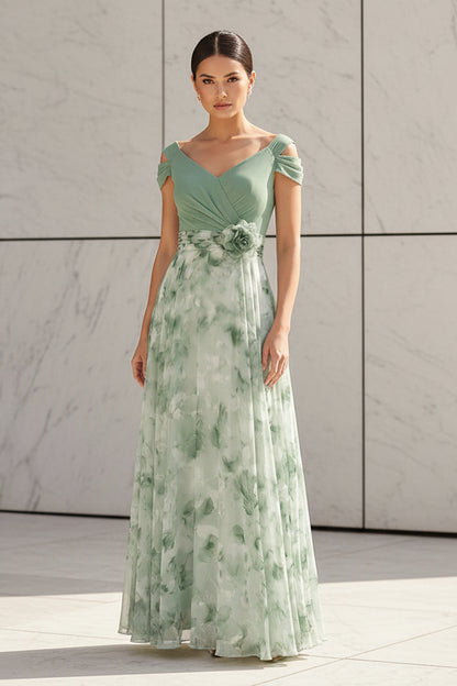 Off-the-Shoulder Floral Chiffon Evening Gown