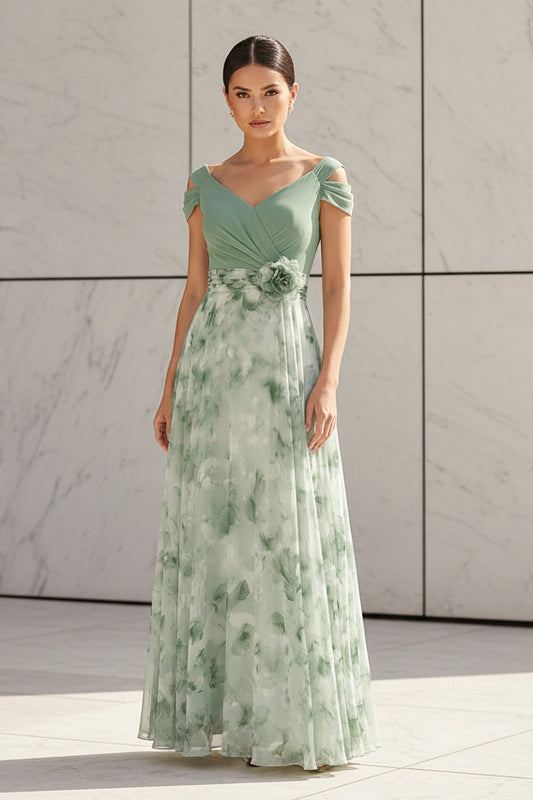 Off-the-Shoulder Floral Chiffon Evening Gown