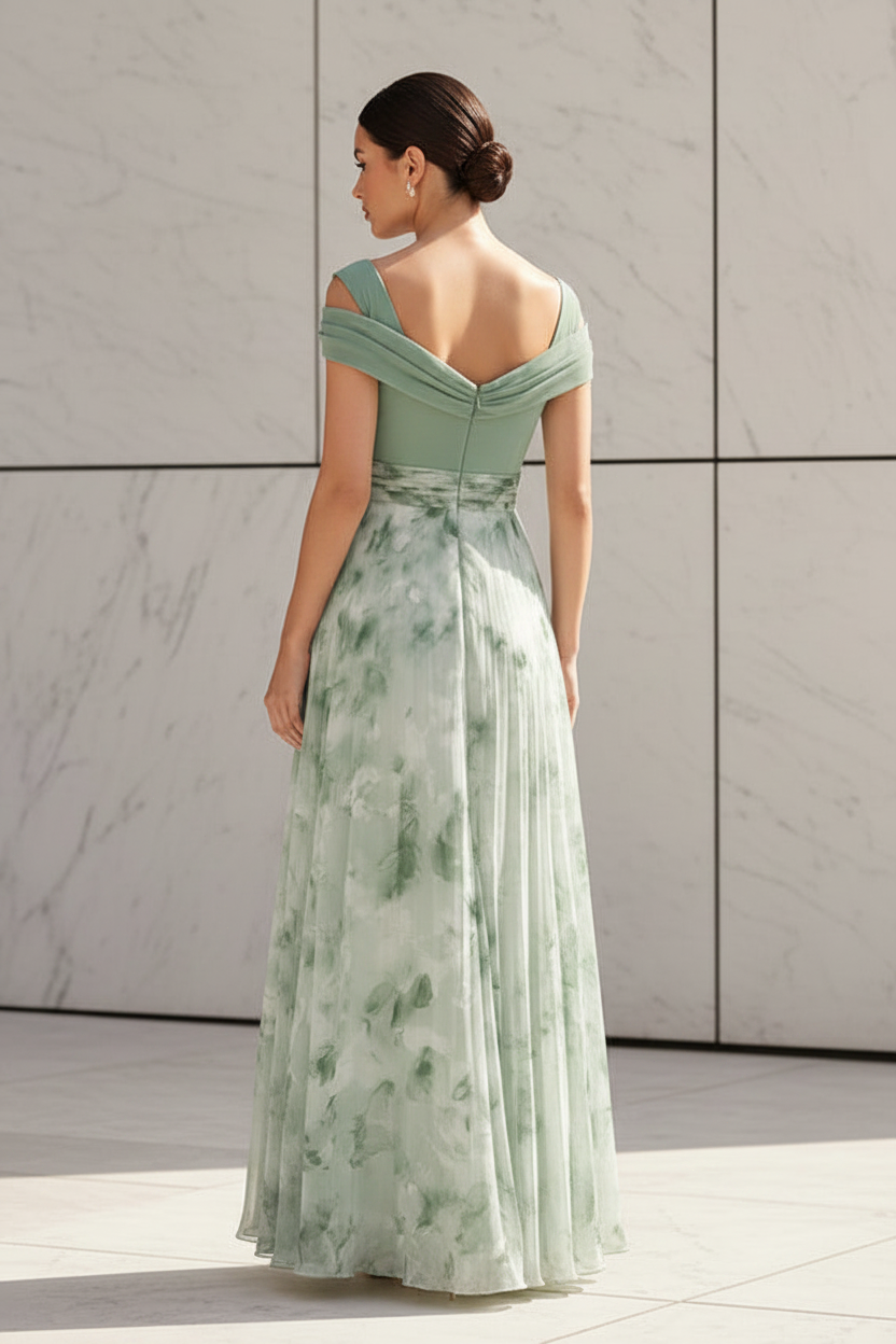 Off-the-Shoulder Floral Chiffon Evening Gown