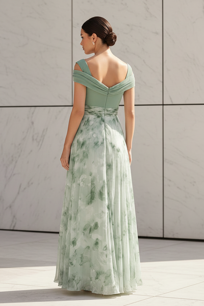 Off-the-Shoulder Floral Chiffon Evening Gown