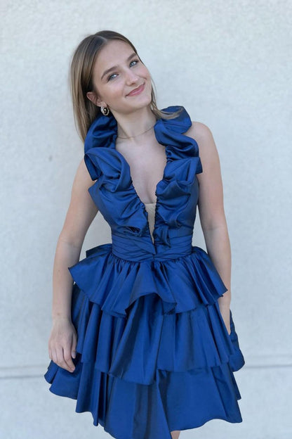 Ruffle Trim Tiered Mini Dress with Open Back