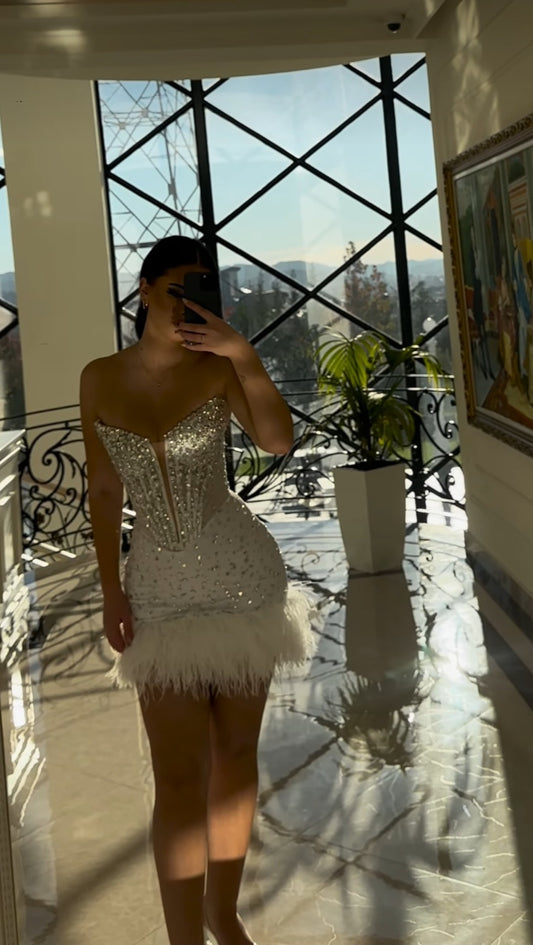 Strapless Beaded Corset Mini Dress with Feather Trim