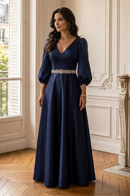 A-Line Gown with Puffed Sleeves & Embellished Waist