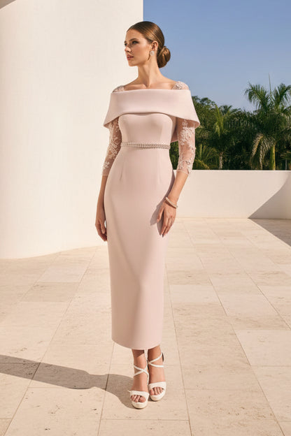 Off Shoulder Sheath Dress with Lace Sleeves & Cape