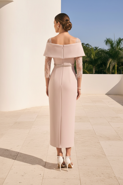Off Shoulder Sheath Dress with Lace Sleeves & Cape