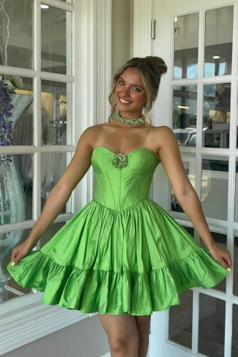 Strapless Corset Tiered Taffeta Homecoming Dress