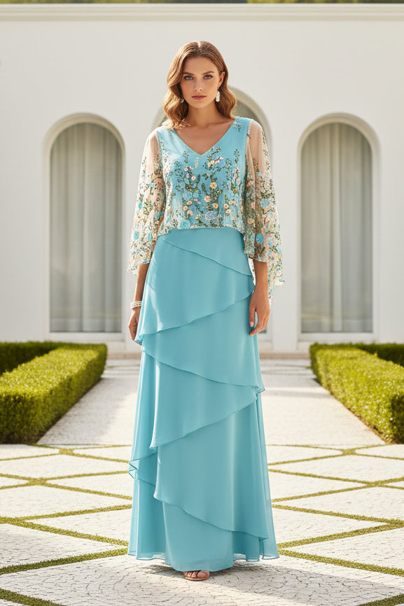 Floral Embroidered Cape Sleeve Tiered Maxi Dress