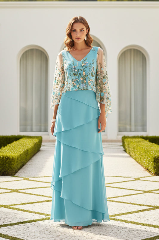 Floral Embroidered Cape Sleeve Tiered Maxi Dress