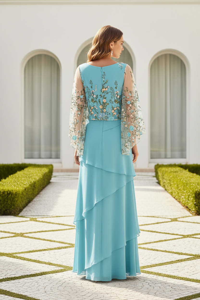 Floral Embroidered Cape Sleeve Tiered Maxi Dress