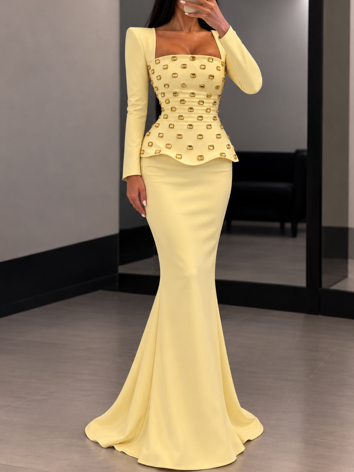 Square Neck Peplum Mermaid Gown with Gem Accents
