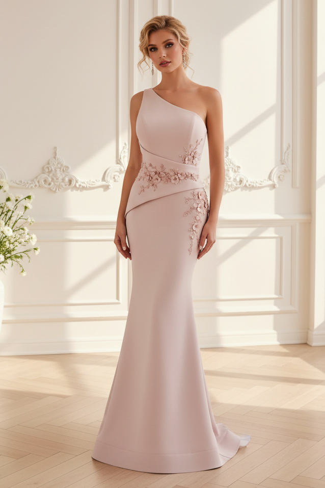 One-Shoulder Embroidered Mermaid Gown