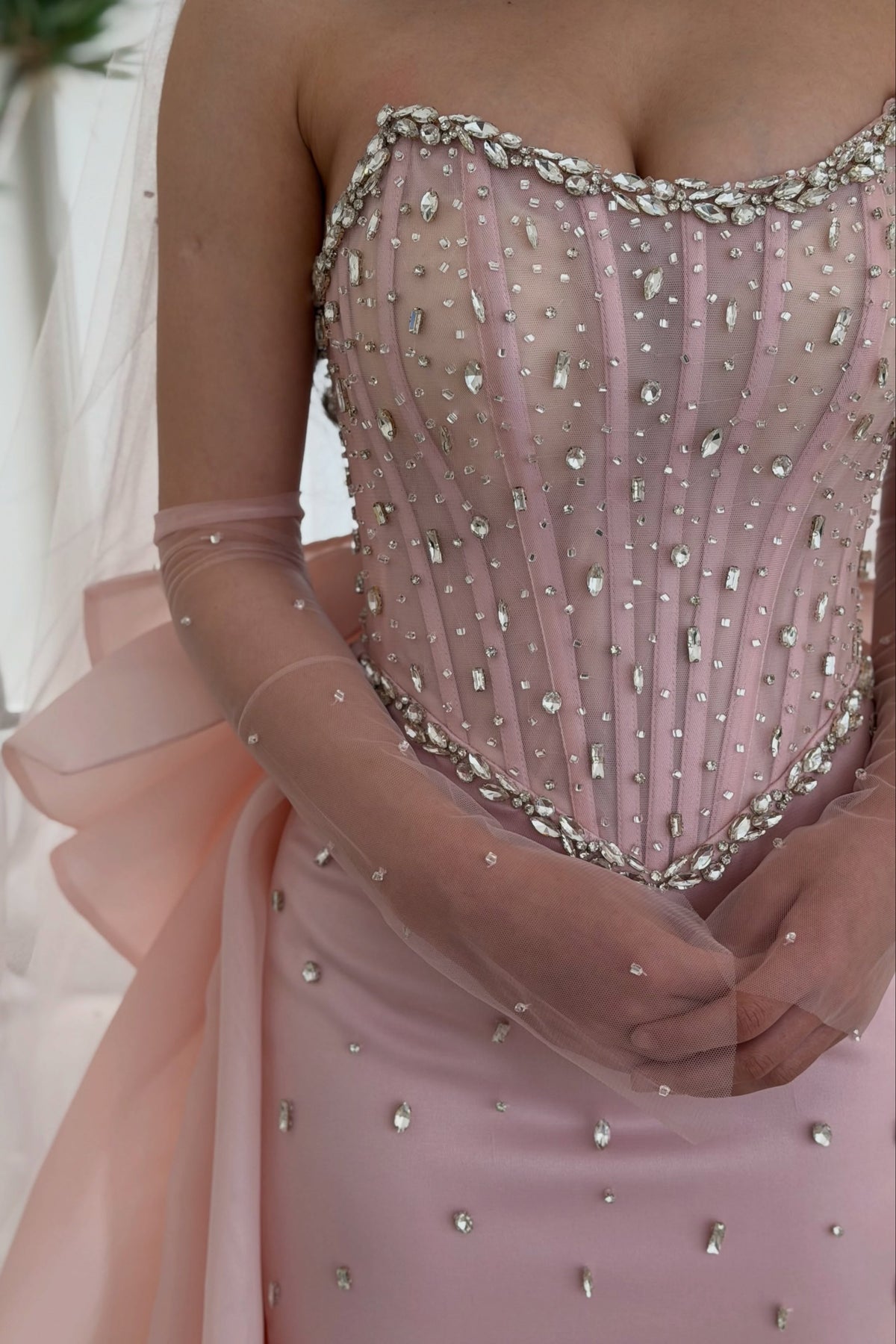 Strapless Corset Gown with Rhinestones & Bow Train