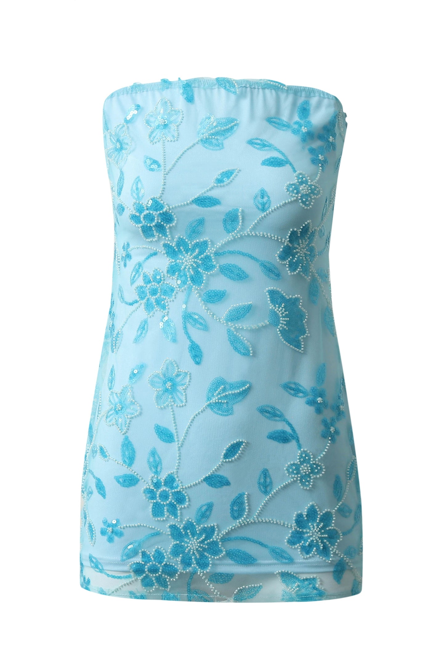 Beaded Floral Mesh Strapless Mini Dress